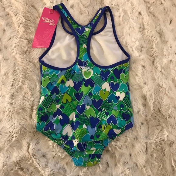 SOLD Girl’s Speedo swimsuit green/blue hearts - Picture 2 of 2